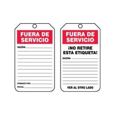 Accuform Spanish Safety Tags, OUT OF SERVICE, 5.75in x 3.25in, RP-Plastic, 25PK SHTRS243PTP